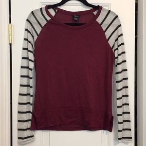 Burgundy and black and white striped shirt